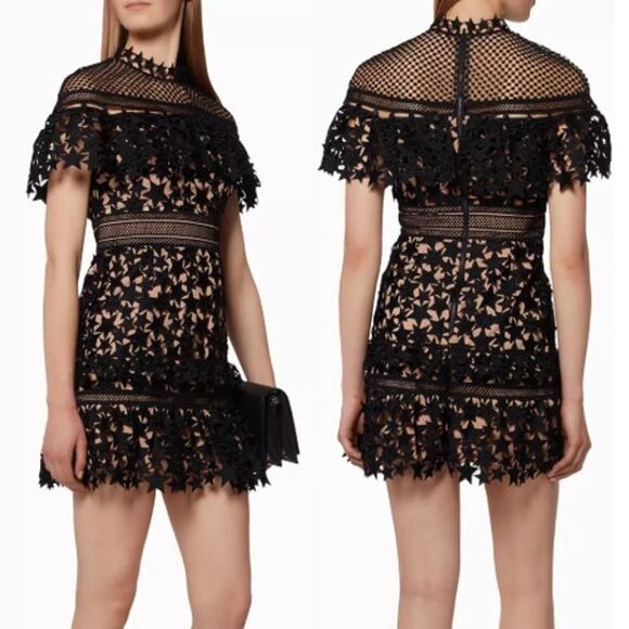Self-Portrait Ruffled-Yoke Star Lace Mini Dress Black/Beige Women's Size US 6 - Picture 1 of 4